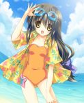  black_hair brown_eyes clannad goggles ibuki_fuuko long_hair one-piece_swimsuit open_clothes open_shirt paco shirt starfish swimsuit 