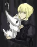  black_dress blonde_hair cross crossover dress excalibur_(soul_eater) fate/stay_night fate_(series) frills gothic_lolita hair_bun lolita_fashion parody saber saber_alter serious short_hair soul_eater type-moon yellow_eyes 