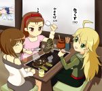  ahoge blonde_hair brown_eyes brown_hair closed_eyes cooking eating food green_eyes griddle hagiwara_yukiho hairband hoshii_miki idolmaster long_hair minase_iori multiple_girls okonomiyaki short_hair solar_kaichuudentou 