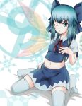  bad_id blue_eyes blue_hair cirno crost midriff navel thigh-highs thighhighs touhou wings wink ⑨ 