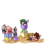  5girls animal_ears bloomers cat_ears cat_tail chibi cube cubes hakurei_reimu izayoi_sakuya kemonomimi_mode kirisame_marisa kochiya_sanae konpaku_youmu multiple_girls o_o open_mouth scared simple_background socha tail tears touhou trembling 