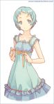  armpits blue_hair dress frilled_dress h2so4 persona persona_3 ribbon short_hair simple_background smile solo yamagishi_fuuka 