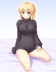  1girl alternate_costume blonde_hair blush breasts gomi_(gomitin) green_eyes large_breasts looking_at_viewer mizuhashi_parsee pointy_ears ribbed_sweater short_hair smile solo sweater touhou turtleneck turtleneck_sweater 