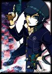  androgynous blue_eyes blue_hair cabbie_hat gun handgun hat makora_higa persona persona_4 pistol reverse_trap revolver school_uniform shirogane_naoto short_hair solo sukuna_hikona weapon 