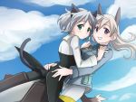  animal_ears bad_id black_legwear blue_eyes eckzahn eila_ilmatar_juutilainen green_eyes hug multiple_girls pantyhose sanya_v_litvyak short_hair silver_hair strike_witches tail white_legwear white_pantyhose 