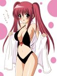  original red_eyes red_hair redhead robe sanae12 sling_bikini solo swimsuit translation_request twintails 
