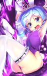  1girl armpits ass bangs blue_eyes blue_hair blush breasts bunny_tail fake_tail highres leonat leotard long_hair looking_at_viewer open_mouth pom_pom_(clothes) purple_leotard shiny shiny_skin sitting small_breasts solo soul_worker stella_unibell tail thigh-highs tiara white_legwear 