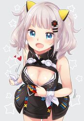  1girl :d bangs bare_shoulders black_dress blue_eyes blush breasts cleavage cleavage_cutout clothes_pull commentary_request cowboy_shot dress eyebrows_visible_through_hair fang grey_background hair_ornament hairclip heart highres kaguya_luna kaguya_luna_(character) large_breasts long_hair looking_at_viewer obi open_mouth sash sidelocks silver_hair simple_background sleeveless sleeveless_dress smile solo star twintails virtual_youtuber yukiu_kon 