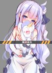  1girl azur_lane bangs bare_shoulders black_bow black_ribbon blush bow commentary_request covered_mouth detached_sleeves dress eyebrows_visible_through_hair fingernails grey_background hair_bun hair_ribbon head_tilt heart long_hair long_sleeves looking_at_viewer object_hug one_side_up piyodera_mucha purple_hair ribbon side_bun simple_background sleeves_past_wrists solo stuffed_animal stuffed_pegasus stuffed_toy stuffed_unicorn sweat translated unicorn_(azur_lane) v very_long_hair violet_eyes white_dress 