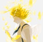  1other androgynous blonde_hair bug butterfly colored_eyelashes frost_fog gem_uniform_(houseki_no_kuni) grey_background houseki_no_kuni insect necktie profile short_hair solo suspenders upper_body wind yellow_diamond_(houseki_no_kuni) yellow_eyes 