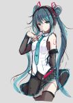 1girl alternate_hairstyle arm_behind_back arm_up bangs black_legwear black_skirt blue_neckwear closed_eyes closed_mouth cropped_legs derivative_work detached_sleeves double_bun eyebrows_visible_through_hair grey_background hand_on_own_chest hatsune_miku headset long_hair long_sleeves miniskirt necktie qingye_ling shirt shoulder_tattoo simple_background sketch skirt smile solo standing tattoo thigh-highs twintails very_long_hair vocaloid white_shirt work_in_progress zettai_ryouiki 