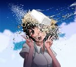  1girl bamola black_hair brown_eyes clouds cloudy_sky collared_shirt commentary_request double_v food looking_at_viewer noodles open_mouth original shirt short_hair short_sleeves sky solo translation_request v water white_shirt 