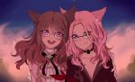  2girls animal_ears armlet blue_eyes breasts brown_hair cat_ears choker cleavage collarbone commission earrings eyebrows_visible_through_hair facial_mark final_fantasy final_fantasy_xiv glasses highres jewelry looking_at_viewer lune_(delusional-lune) medium_breasts miqo&#039;te multiple_girls open_mouth pink_hair red_eyes signature sky slit_pupils smile star_(sky) starry_sky sunset 