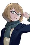  :d adjusting_eyewear bespectacled blue_jacket brown_hair glasses jacket niina_ryou open_clothes open_jacket open_mouth princess_principal scarf short_hair simple_background smile white_background zelda_(princess_principal) 