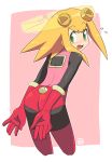  alternate_costume bent_over blonde_hair blush bodysuit capcom cosplay elbow_gloves embarrassed eyebrows_visible_through_hair gloves green_eyes legs_apart looking_at_viewer looking_back muu_(mumumer) open_mouth red_gloves rockman rockman_dash rockman_exe roll_caskett roll_exe roll_exe_(cosplay) sidelocks thigh-highs 