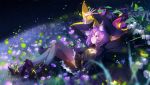  1girl animal_ears artist_name cat_ears dress flower hat marmalade_(elfless_vanilla) night purple_hair short_hair signature solo thigh-highs violet_eyes witch 