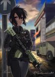  1girl ar-15 black_hair borrowed_character flare folded_ponytail gloves gun highres holding holding_gun holding_weapon holster holstered_weapon hood hoodie load_bearing_vest original outdoors red_eyes rifle signature solo tealguardianart trigger_discipline twitter_username weapon 