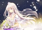  1girl azur_lane bouquet breasts bride cleavage closed_mouth crown detached_collar dress enterprise_(azur_lane) feathers floating_hair flower jewelry large_breasts long_hair looking_at_viewer necklace pink_hair rose sibyl smile solo standing veil violet_eyes wedding_dress white_dress white_flower white_rose 