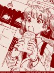  abazu-red alisa_(girls_und_panzer) black_neckwear dutch_angle eating food_request freckles girls_und_panzer monochrome necktie open_mouth short_hair short_twintails tegaki tegaki_draw_and_tweet twintails whale 