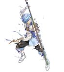  1boy blue_hair boots fire_emblem fire_emblem_heroes fire_emblem_if full_body gloves hair_over_one_eye highres male_focus naginata official_art polearm rock shigure_(fire_emblem_if) solo teeth torn_clothes transparent_background weapon yellow_eyes yura_(ub4u) 