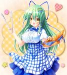  1girl :d alternate_costume blue_bow blue_ribbon bow bowtie bread commentary_request doughnut eyes_visible_through_hair food frog_hair_ornament hair_between_eyes hair_ornament hair_ribbon hairclip highres kobeya kochiya_sanae koubeya_uniform long_hair looking_at_viewer open_mouth osashin_(osada) ribbon short_sleeves smile snake_hair_ornament solo touhou underbust yellow_eyes 