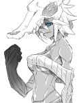  1girl blue_eyes breasts greyscale hair_between_eyes helmet highleg highleg_panties jin_(mugenjin) long_sleeves looking_at_viewer monochrome navel original oversize_forearms panties sharp_teeth short_hair simple_background sketch skull smile solo spot_color teeth under_boob underwear upper_body white_background 