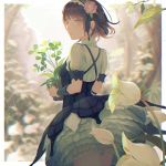  1girl arm_warmers backlighting bangs black_dress black_ribbon bloomers blurry blurry_background bnahabra_(armor) breasts brown_eyes brown_hair cowboy_shot depth_of_field dress echosdoodle flower flower_pot hair_flower hair_ornament hair_ribbon hairband leaf monster_hunter monster_hunter:_world outdoors parted_lips petticoat pink_flower pink_rose plant potted_plant puffy_short_sleeves puffy_sleeves rain ribbon rose rose_hair_ornament shirt short_hair short_sleeves small_breasts smile solo standing tareme two-tone_hairband underwear upskirt water water_drop white_shirt 