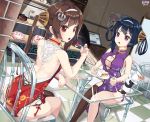  2girls anchor_hair_ornament artist_name ass azur_lane back backless_outfit bangs bare_arms bare_back bare_shoulders black_hair black_legwear breasts brown_hair cake china_dress chinese_clothes cleavage cleavage_cutout cup dated dress dutch_angle eyebrows_visible_through_hair feet_out_of_frame food food_theft fork glass_chair glass_table hair_ornament hair_rings hairband highres holding holding_fork indoors kimyo long_hair looking_at_viewer looking_to_the_side medium_breasts multiple_girls ning_hai_(azur_lane) on_chair open-back_dress panda ping_hai_(azur_lane) plate purple_dress red_dress red_eyes saucer shiny shiny_hair sideboob single_thighhigh sleeveless sleeveless_dress slice_of_cake small_breasts spilling table tareme tassel tea teacup tearing_up tears thigh-highs tile_floor tiles violet_eyes white_hairband 