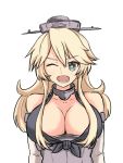  1girl bangs bare_shoulders blonde_hair blue_eyes breasts cleavage eyebrows_visible_through_hair highres iowa_(kantai_collection) kantai_collection large_breasts long_hair looking_at_viewer one_eye_closed open_mouth simple_background smile solo star star-shaped_pupils symbol-shaped_pupils table_(msn-00100hyak-shiki) teeth 