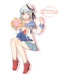  1girl ;d animal anniversary bangs blue_hair blue_neckwear blue_sailor_collar blue_skirt blush bouquet collarbone dixie_cup_hat double_bun eyebrows eyebrows_visible_through_hair fang flower full_body hand_up hat high_heels highres holding holding_bouquet horizontal_stripes kantai_collection lan_jiang leaf medal military_hat miniskirt neckerchief one_eye_closed open_mouth palms pink_flower pink_rose pleated_skirt red_footwear roman_numerals rose sailor_collar samuel_b._roberts_(kantai_collection) scar school_uniform serafuku shirt shoes short_hair silhouette simple_background skirt sleeve_cuffs smile solo speech_bubble star striped whale white_background white_hat white_shirt yellow_eyes yellow_flower 