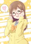  1girl :d adjusting_eyewear bangs bow bowtie brown_hair chiro_(bocchiropafe) glasses heart highres kunikida_hanamaru long_hair long_sleeves looking_at_viewer love_live! love_live!_sunshine!! open_mouth orange_neckwear red-framed_eyewear school_uniform semi-rimless_eyewear serafuku smile solo spoken_heart under-rim_eyewear upper_body uranohoshi_school_uniform yellow_cardigan yellow_eyes 