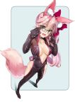  1girl absurdres animal_ears bow breasts choker cleavage collarbone damow_(myway83522) eyebrows_visible_through_hair fang fate/grand_order fate_(series) fox_ears fox_tail glasses hair_bow highres large_breasts long_hair looking_at_viewer open_clothes open_mouth pink_hair skin_tight solo tail tamamo_(assassin)_(fate) tamamo_(fate)_(all) very_long_hair yellow_eyes 