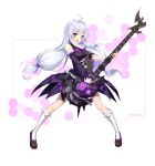  1girl ahoge bangs bare_shoulders blue_eyes blush breasts character_name detached_sleeves dress eyebrows_visible_through_hair full_body guitar holding holding_instrument instrument long_hair looking_at_viewer open_mouth purple_dress shoes sidelocks silver_hair small_breasts socks solo soul_worker standing stella_unibell tied_hair twintails user_ghkk7325 very_long_hair white_legwear 