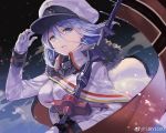  1girl azur_lane blue_eyes blue_hair breasts commentary_request earrings eyebrows_visible_through_hair flag gloves hair_between_eyes hand_on_headwear hat holding jewelry large_breasts long_hair long_sleeves looking_at_viewer military military_uniform parted_lips peaked_cap sibyl snow solo tirpitz_(azur_lane) uniform white_gloves white_hat 