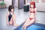  2girls :d :t artist_name bangs bare_legs bare_shoulders barefoot bikini black_eyes black_swimsuit blurry breasts brown_hair bulletin_board cleavage closed_mouth collarbone depth_of_field eyebrows_visible_through_hair feet indoors knees_up legs_together long_hair medium_breasts multiple_girls navel on_floor one-piece_swimsuit open_mouth original plant pool potted_plant pout red_bikini red_eyes redhead short_hair sitting smile soaking_feet swimsuit tile_floor tiles toes trash_can zoryc 