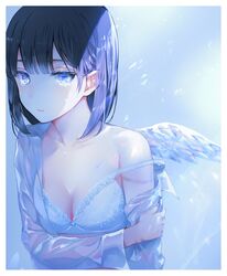  1girl bangs black_hair blue blue_eyes blush border breasts cleavage hair_between_eyes highres looking_at_viewer medium_breasts off_shoulder original shirt short_hair solo strap_slip tears tlla upper_body 