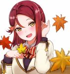  1girl :d autumn_leaves badge blush bow bowtie button_badge hair_ornament hair_tucking half_updo hands_up highres holding holding_leaf leaf leaf_hair_ornament long_sleeves looking_at_viewer love_live! love_live!_sunshine!! mia_(fai1510) open_mouth pinky_out red_neckwear redhead sakurauchi_riko smile solo striped_neckwear white_background yellow_eyes 