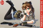  1girl aqua_eyes arm_support assault_rifle bow brown_hair first_aid_kit gloves gun hair_bow hair_ornament hairclip highres holster holstered_weapon lying ndtwofives no_shoes on_stomach original pantyhose partly_fingerless_gloves ponytail rifle short_shorts shorts sig_550 simple_background solo steyr_m9 twitter_username weapon 