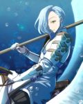  1boy blue_hair bubble cimeri feathered_wings fire_emblem fire_emblem_heroes fire_emblem_if gloves hair_over_one_eye male_focus naginata open_mouth polearm shigure_(fire_emblem_if) solo weapon wings yellow_eyes 