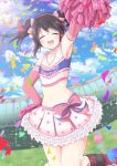  1girl :d ^_^ armpits black_hair bow cheerleader chiro_(bocchiropafe) closed_eyes clothes_writing clouds cloudy_sky collarbone confetti copyright_name crop_top elbow_gloves frilled_skirt frills gloves hair_bow hand_on_hip headphones highres love_live! love_live!_school_idol_festival love_live!_school_idol_project midriff miniskirt navel open_mouth pink_bow pink_gloves pink_skirt pleated_skirt polka_dot_skirt pom_poms print_bow shirt skirt sky sleeveless sleeveless_shirt smile solo sparkle star star_print twintails wireless yazawa_nico 