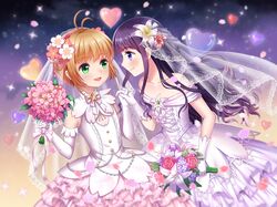  2girls ahoge bare_shoulders black_hair bouquet braid brown_hair card_captor_sakura cherry_blossoms daidouji_tomoyo dress elbow_gloves eye_contact face-to-face flower gloves green_eyes hand_holding heart heavenlove kinomoto_sakura long_hair looking_at_another multiple_girls petals short_hair smile star_(sky) veil violet_eyes wedding_dress white_dress white_gloves yuri 