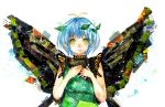  1girl antennae bangs blue_hair butterfly_wings dress eternity_larva green_dress hair_ornament highres leaf leaf_on_head looking_at_viewer sano_naoi short_hair short_sleeves simple_background smile solo touhou white_background wings yellow_eyes 