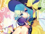  1girl abstract_background aqua_hair bang black_hat blue_eyes blush bow bowler_hat closed_mouth crying crying_with_eyes_open eyebrows_visible_through_hair feet_out_of_frame finger_gun frilled_sleeves frills hat hat_bow heart heart_of_string highres hinasumire knees_up komeiji_koishi long_sleeves looking_at_viewer medium_hair sitting smile solo stitches tareme tears touhou yellow_bow 