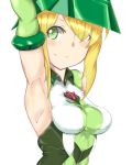  1girl akatsuki_kirika arm_up armpits bare_shoulders blonde_hair blush breasts closed_mouth commentary_request elbow_gloves eyebrows_visible_through_hair eyes_visible_through_hair gloves green_eyes green_leotard headgear highres leotard looking_at_viewer medium_breasts nori_(masukudo) senki_zesshou_symphogear shiny shiny_clothes shiny_hair shiny_skin short_hair simple_background skin_tight solo white_background 