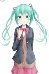  1girl absurdres bangs black_blazer blazer blush bow bowtie brown_cardigan closed_mouth collared_shirt commentary_request eyebrows_visible_through_hair green_eyes green_hair hair_between_eyes hamayuu_(litore) hand_up hatsune_miku highres jacket long_hair long_sleeves open_blazer open_clothes open_jacket pink_neckwear pink_skirt school_uniform shirt sidelocks simple_background skirt smile solo twintails twitter_username very_long_hair vocaloid white_background white_shirt 