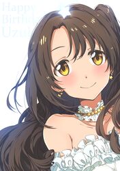  1girl bare_shoulders bead_necklace beads brown_hair character_name choker collarbone dress earrings hair_between_eyes happy_birthday idolmaster idolmaster_cinderella_girls jewelry long_hair looking_at_viewer necklace o.m shimamura_uzuki side_ponytail simple_background smile solo star star_earrings strapless strapless_dress upper_body wedding_dress white_background white_choker yellow_eyes 