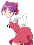  1girl anbe_masahiro ass blush bow closed_mouth dress eyebrows_visible_through_hair gegege_no_kitarou hair_bow highres long_sleeves looking_at_viewer nekomusume nekomusume_(gegege_no_kitarou_6) pointy_ears purple_hair red_bow red_dress shirt short_hair simple_background white_background white_shirt yellow_eyes 