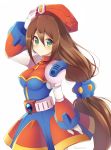  1girl android belt beret blush breasts brown_hair capcom dress gloves green_eyes hair_between_eyes hand_on_headwear hand_on_own_head hat iris_(rockman_x) long_hair looking_at_viewer looking_to_the_side low-tied_long_hair red_hat rento_(rukeai) rockman rockman_x rockman_x4 simple_background solo white_background white_gloves 