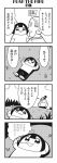  1boy 2girls 4koma :3 arms_behind_head bangs bkub blunt_bangs calimero_(bkub) chakapi clouds comic facial_hair field grass greyscale hands_in_pockets highres honey_come_chatka!! lying monochrome multiple_girls mustache on_back scrunchie shirt short_hair simple_background speech_bubble sun talking topknot translation_request two-tone_background 