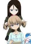  2girls adjusting_hair blonde_hair blue_hair brown_hair collarbone girls_und_panzer holding holding_hair katyusha milk multiple_girls nonna pajamas pravda_military_uniform pravda_school_uniform shibagami short_twintails signature simple_background skirt twintails 